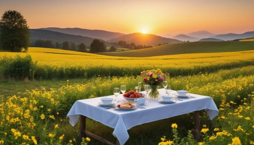 table setting,outdoor dining,romantic dinner,landscape background,breakfast outside,place setting,meadow landscape,background view nature,breakfast table,tablecloths,nature background,field of rapeseeds,table arrangement,alfresco,tablescape,tablecloth,sunfeast,catering service bern,spring background,vegetables landscape,Photography,General,Realistic