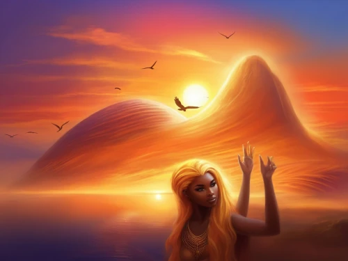 world digital painting,fantasy picture,glorfindel,inanna,danxia,annabeth,silmarillion,sundancer,orange sky,valinor,noldor,finrod,sunstone,digital painting,fantasy art,fireheart,galadriel,asherah,sunna,sunburst background,Illustration,Realistic Fantasy,Realistic Fantasy 01