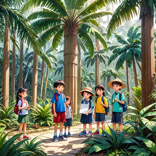 palmettos,studio ghibli,ghibli,tropical forest,palmtops,digidestined,tropical animals,palmtrees,tropical jungle,happy children playing in the forest,explorers,cartoon forest,kids illustration,philodendrons,cartoon palm,madagascans,school children,coconspirators,palm forest,neotropical,Anime,Anime,General