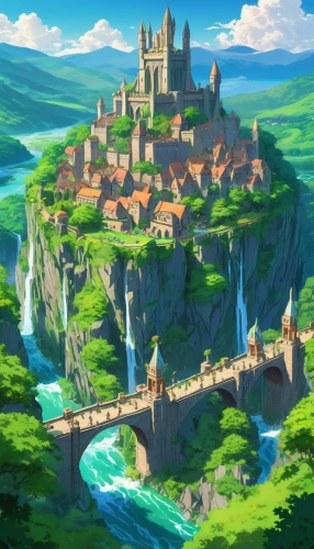 meteora,alfheim,machico,knight's castle,knight village,butka,abdallahi,heroica,castlelike,castletroy,nargothrond,medieval castle,mountain settlement,highstein,fantasy landscape,galilei,seborga,ancient city,castleguard,beleriand,Illustration,Japanese style,Japanese Style 03