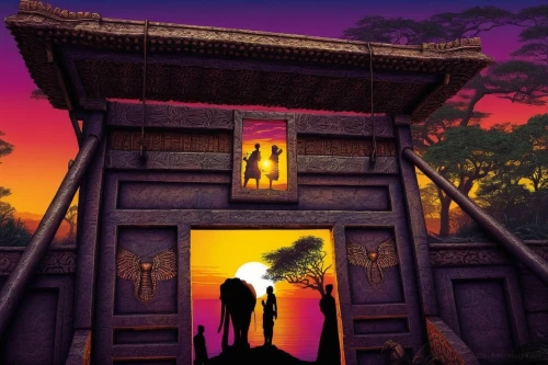 house silhouette,japanese shrine,dusk background,houses silhouette,outhouse,ancient house,wooden hut,cartoon video game background,treehouse,village gateway,puppet theatre,palanquin,fairy door,game illustration,ramadan background,wooden door,korean folk village,wood gate,background design,world digital painting,Illustration,Realistic Fantasy,Realistic Fantasy 25