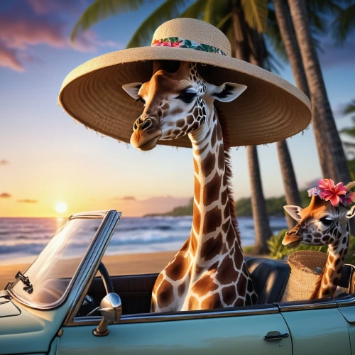 madagascan,madagascans,giraffa,giraffes,melman,tropical animals,kemelman,madagascar,two giraffes,straw hats,margaritaville,travelzoo,whimsical animals,giraffe,holidaymaker,travel insurance,getaways,sun hat,high sun hat,straw hat,Illustration,Realistic Fantasy,Realistic Fantasy 02