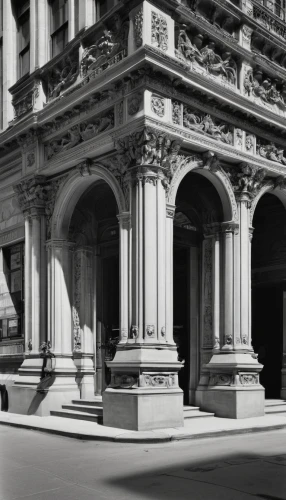 nypl,apthorp,entablature,nyse,driehaus,pediments,willis building,landmarked,woolworth,transamerican,architectural detail,pilasters,bobst,frontages,leighton,tweed courthouse,steagall,corinthian order,old stock exchange,pythian,Photography,Black and white photography,Black and White Photography 15