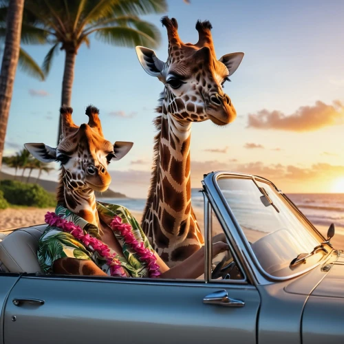 giraffes,two giraffes,classic car and palm trees,tropical animals,car rental,giraffe,madagascans,giraffa,limousine,travel insurance,whimsical animals,carpooling,getaways,travelzoo,exotic animals,tropicalia,hitchhikers,madagascan,convertibles,serenata,Photography,General,Natural