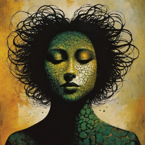 oshun,leota,voodoo woman,inanna,vodun,badu,gold foil art,gold foil mermaid,dryad,jaundice,golden mask,head woman,binti,gorgon,cerati,transistor,promethea,woman of straw,digital artwork,templesmith,Illustration,Realistic Fantasy,Realistic Fantasy 29