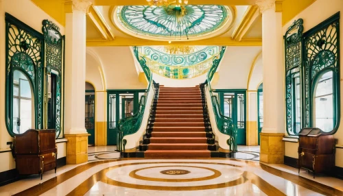 entrance hall,art deco,foyer,circular staircase,winding staircase,staircase,jugendstil,hallway,outside staircase,escalera,corridor,escaleras,cochere,ephrussi,hotel hall,staircases,stairway,casa fuster hotel,entranceway,grand hotel europe,Illustration,Realistic Fantasy,Realistic Fantasy 37
