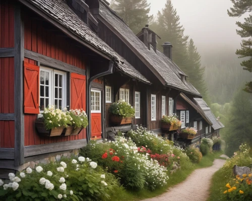 wooden houses,alpine village,scandinavian style,norway,danish house,cottages,scandinavia,norways,country cottage,norvegia,summer cottage,home landscape,traditional house,mountain huts,cottage,norge,wooden house,black forest,nordnorge,mountain village,Illustration,Retro,Retro 25