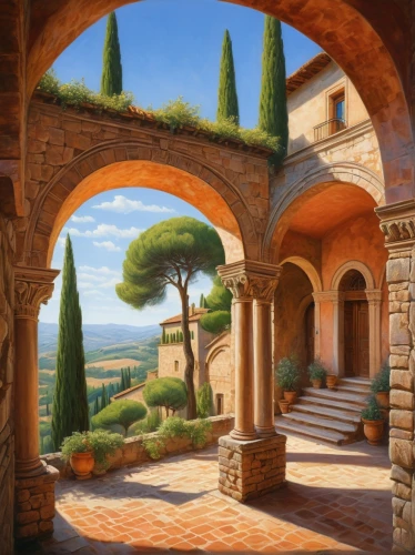 tuscan,toscane,toscana,tuscany,pienza,volterra,archways,provencal,italian painter,home landscape,apolloni,assisi,landscape background,romanies,pergola,orvieto,dorne,windows wallpaper,roof landscape,provence,Illustration,Abstract Fantasy,Abstract Fantasy 21