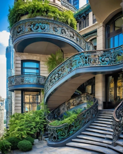 paris balcony,balconies,winding staircase,spiral staircase,outside staircase,balustrade,milanesi,winding steps,circular staircase,palladianism,brownstone,luxury property,italianate,victoriana,staircase,stone stairs,balcony garden,balconied,balcony,monaco,Illustration,Retro,Retro 13