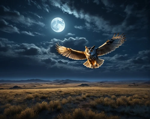 nocturnal bird,birds of prey-night,night bird,flying hawk,blue moon,owl nature,bird of prey,nightbird,nightflight,moondance,moonlit night,dreamtime,photo manipulation,noctule,flying bird,fantasy picture,freebird,eagle owl,moon and star background,ganymede,Photography,Artistic Photography,Artistic Photography 15