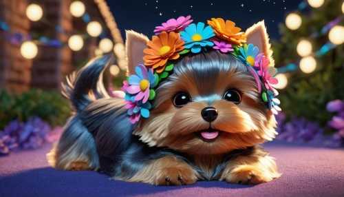 yorkshire terrier,biewer yorkshire terrier,yorkie puppy,yorkie,yorkshire terrier puppy,flower animal,flower background,canine rose,easter dog,flower crown,flower girl,blooming wreath,schnauzer,cute puppy,yorky,havanese,flower garland,pupillidae,animals play dress-up,wickett,Unique,3D,3D Character