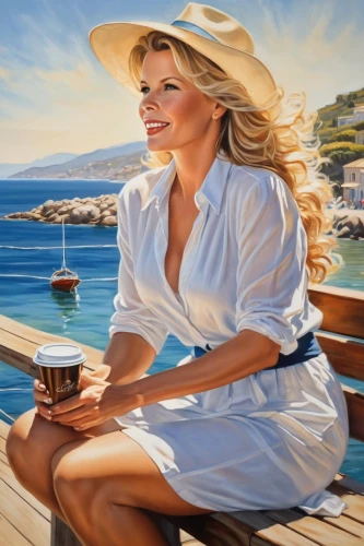 woman drinking coffee,woman with ice-cream,woman at cafe,girl on the boat,donsky,yachtswoman,photo painting,italian painter,world digital painting,art painting,trisha yearwood,girl with cereal bowl,woman holding a smartphone,blonde woman reading a newspaper,photorealist,oil painting,coffee background,gondolier,connie stevens - female,panama hat,Illustration,Japanese style,Japanese Style 19