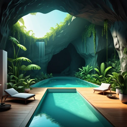 seclude,background design,cave on the water,tropical house,underwater oasis,hideaway,hideout,pool house,tropical jungle,tropical island,secluded,tropics,seclusion,cartoon video game background,jungle,tropical forest,swimming pool,alcove,3d background,piscine,Illustration,Black and White,Black and White 04
