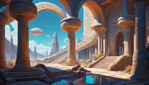 ancient city,citadels,pillars,labyrinthian,theed,fantasy landscape,karakas,futuristic landscape,seregil,atlantis,skylands,kondos,ordos,areopolis,khandaq,columns,hall of the fallen,citadel,fractal environment,ancient buildings,Illustration,Retro,Retro 12