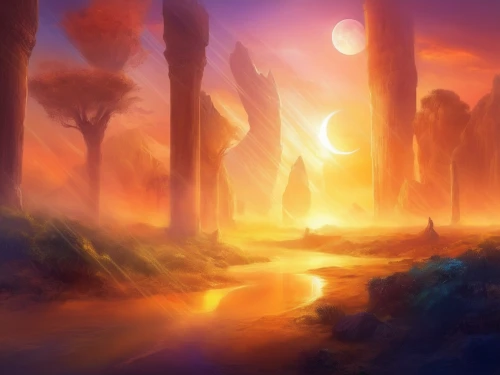 fantasy landscape,mushroom landscape,wildstar,firelands,futuristic landscape,elven forest,sundering,alfheim,sentinels,morrowind,ghost forest,forest of dreams,scorched earth,asheron,hinterlands,dreamscape,dusk background,alien world,monoliths,devilwood,Illustration,Realistic Fantasy,Realistic Fantasy 01