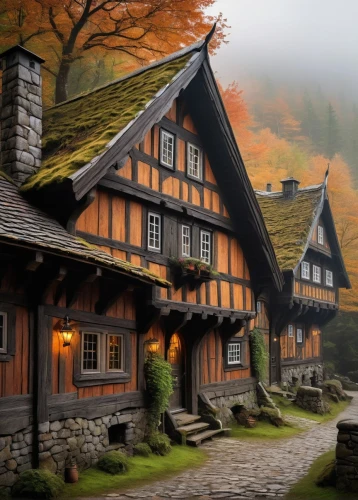 wooden houses,half-timbered houses,half-timbered house,alpine village,timbered,house in mountains,house in the mountains,mountain village,gramado,cottages,timber framed building,mountain settlement,half timbered,traditional house,wooden house,old houses,stone houses,house in the forest,butka,carpathians,Illustration,American Style,American Style 02