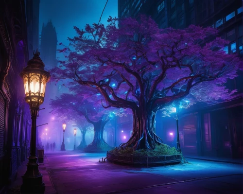 banaba,jacaranda,lilac tree,lamplighters,purple wallpaper,light purple,magic tree,streetlamps,lamplight,purpureum,jacarandas,street lamps,street lights,blue lamp,gas lamp,streetlights,ultraviolet,illuminated lantern,street lantern,colored lights,Conceptual Art,Fantasy,Fantasy 16