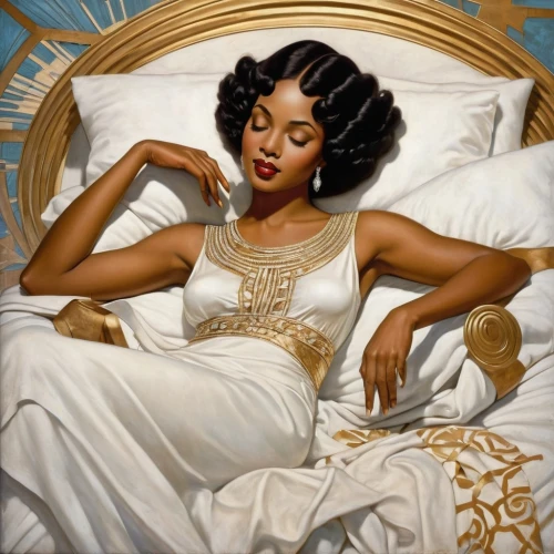 woman on bed,tretchikoff,leontyne,leyendecker,coretta,bedspread,art deco woman,sarah vaughan,odalisque,whitmore,african american woman,bed linen,currin,bedspreads,girl in bed,hildebrandt,vettriano,colescott,vintage art,tiana,Illustration,Realistic Fantasy,Realistic Fantasy 21