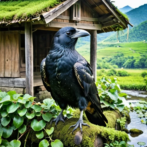 karasu,koel,harris hawk,perched on a log,yellow billed kite,black vulture,tengu,mongolian eagle,asian bird,corvidae,pajaros,raven bird,kadu,black macaws sari,caracaras,old world vulture,malkoha,black kite,king of the ravens,black raven,Illustration,Abstract Fantasy,Abstract Fantasy 11