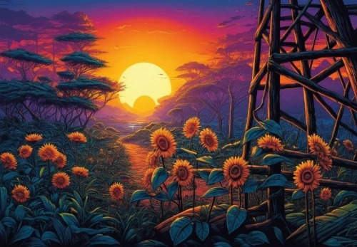 mushroom landscape,cartoon video game background,fantasy landscape,studio ghibli,blooming field,hildebrandt,beautiful wallpaper,flower in sunset,dusk,dusk background,sunflower field,majora,purple landscape,world digital painting,flower field,landscape background,fruit fields,alligator alley,halloween background,nature landscape,Illustration,Realistic Fantasy,Realistic Fantasy 25