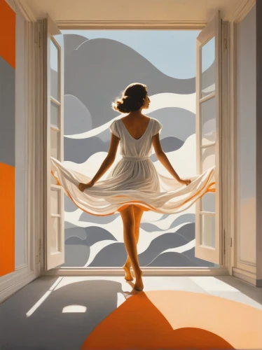 morning illusion,woman silhouette,rotoscoped,girl walking away,dance silhouette,world digital painting,dance with canvases,rotoscoping,woman walking,overpainting,vettriano,orange,digital painting,rotoscope,silhouette art,agoraphobia,thatgamecompany,virtual landscape,namib,yoga silhouette,Illustration,Vector,Vector 12