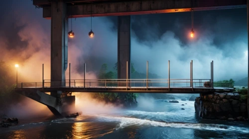 water mist,steambath,sluice,onsen,sluice gate,hydropower plant,wooden bridge,hydroelectric,firehole,waterpower,bathhouse,hydropower,rapids,hydroelectricity,fishing pier,night scene,hotspring,steam power,thermal spring,hanging bridge,Photography,General,Realistic