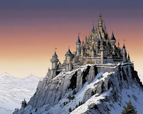 tirith,gondolin,winterfell,castle of the corvin,fairy tale castle,ice castle,erebor,forteresse,fairytale castle,summit castle,knight's castle,dragonlance,disney castle,beleriand,castel,diagon,rivendell,castles,sleeping beauty castle,osgiliath,Illustration,American Style,American Style 06