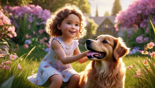 girl with dog,boy and dog,little girl in pink dress,children's background,little boy and girl,cute cartoon image,girl picking flowers,girl and boy outdoor,puppy pet,cute puppy,girl in flowers,little girl and mother,tenderness,love for animals,beautiful girl with flowers,golden retriever,dog illustration,labradoodle,playing dogs,picking flowers,Photography,General,Realistic