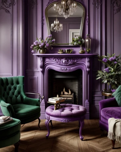 zoffany,sitting room,purple wallpaper,chaise lounge,victorian room,highgrove,fireplaces,chateau margaux,interior decoration,rich purple,fireplace,malplaquet,bellocchio,interior decor,decors,aubusson,claridge,baccarat,the purple-and-white,rococo