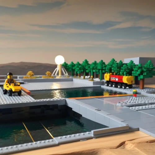 lego trailer,lego background,miniland,adventure bridge,water bus,rescue helipad,lego city,boat dock,seaside resort,underwater playground,water taxi,floating stage,docked,paddle boat,voxels,seasteading,boat rapids,artificial islands,lifeboat,micropolis,Unique,3D,Garage Kits