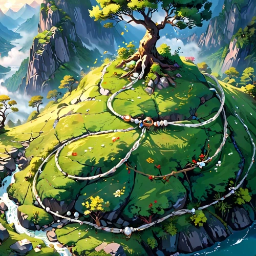 yggdrasil,hoenn,fairy forest,sinnoh,overworld,celtic tree,mushroom landscape,mushroom island,elven forest,maplestory,flourishing tree,wondertree,moss landscape,fairy world,mononoke,fairy village,hyrule,cartoon forest,earthbound,forest path,Anime,Anime,General
