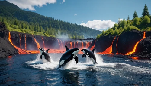 orcas,king penguins,orca,lava river,dolphins in water,tilikum,donkey penguins,volcano pool,nature wallpaper,makani,oceanic dolphins,emperor penguins,llorca,nature background,lava flow,frederic church,penguin couple,two dolphins,amazing nature,fantasy picture,Photography,General,Realistic