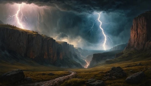 hesychasm,fantasy landscape,fantasy picture,thunderstone,lightning storm,world digital painting,torngat,fallen giants valley,ithilien,fallstrom,nature's wrath,chasm,fantasy art,catatumbo,monsoon,lightning bolt,thundershower,firefall,force of nature,valley of death,Photography,General,Cinematic