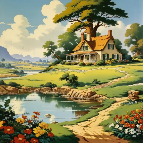 home landscape,country cottage,sylvania,summer cottage,cottage,house with lake,idyllic,country house,farm house,landscape background,rural landscape,home of apple,farm landscape,cartoon video game background,bakersville,little house,house in mountains,house in the forest,dreamhouse,forest house,Illustration,Retro,Retro 18