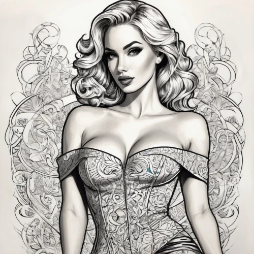 vanderhorst,retro pin up girl,valentine pin up,pin-up girl,pin up girl,christmas pin up girl,pin ups,valentine day's pin up,retro pin up girls,watercolor pin up,marilyn monroe,pin up christmas girl,corset,pin-up girls,rosson,corsetry,pin up girls,marylin,vintage drawing,satine,Illustration,Black and White,Black and White 05