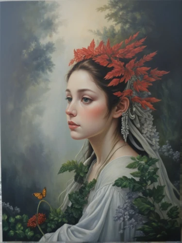 diwata,heatherley,girl in flowers,persephone,fantasy portrait,mystical portrait of a girl,faery,girl in a wreath,flora,faerie,primavera,girl in the garden,viveros,artemisia,beltane,orange blossom,flower fairy,behenna,fairie,kupala