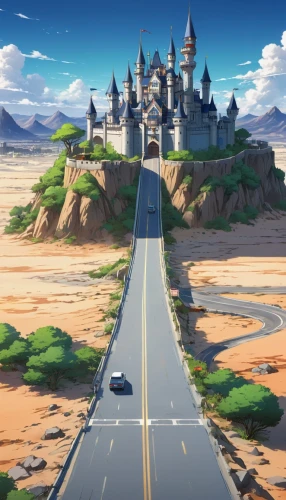 sand road,open road,racing road,cartoon video game background,nargothrond,disney castle,long road,fairy tail,alpine drive,agrabah,fairy tale castle,castlelike,mountain road,hogwarts,lockhart,road,diagon,toonerville,background design,road to nowhere,Illustration,Japanese style,Japanese Style 03