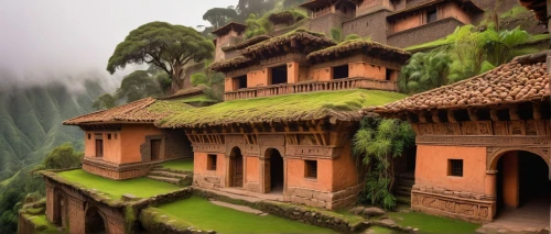 wooden houses,longhouses,hanging houses,teahouses,rice terrace,house in mountains,ancient house,asian architecture,mountain village,stilt houses,roof landscape,mountain settlement,traditional house,rivendell,mountain huts,house roofs,toraja,escher village,moss landscape,house in the mountains,Illustration,Japanese style,Japanese Style 13