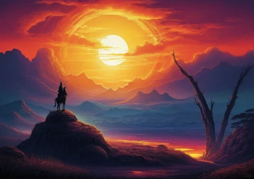 fantasy landscape,fantasy picture,world digital painting,landscape background,dusk background,mountain sunrise,moon and star background,moonrise,sun moon,hanging moon,fantasy art,lunar landscape,volcanic landscape,rising sun,dune landscape,beautiful wallpaper,crescent moon,orange sky,high landscape,an island far away landscape,Illustration,Realistic Fantasy,Realistic Fantasy 25