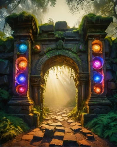 the mystical path,pathway,heaven gate,stone gate,gateway,adventure bridge,forest path,entrada,iron gate,arbor,farm gate,wood gate,portal,threshhold,pathways,village gateway,gate,labyrinthian,labyrinth,entry path,Illustration,Realistic Fantasy,Realistic Fantasy 38