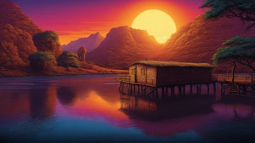floating huts,fantasy landscape,landscape background,world digital painting,an island far away landscape,cartoon video game background,house with lake,fantasy picture,home landscape,cave on the water,fisherman's house,houseboat,evening lake,summer cottage,3d background,houseboats,fisherman's hut,cottage,seclude,huts,Illustration,Realistic Fantasy,Realistic Fantasy 25