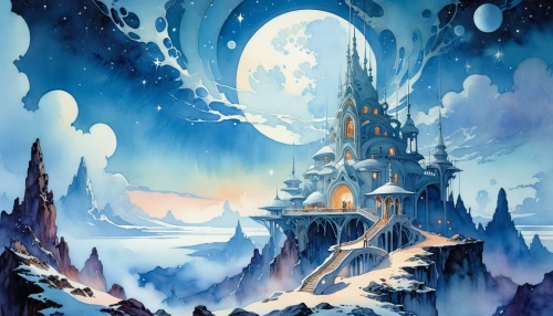 ice castle,fairy tale castle,ice planet,gondolin,fantasy landscape,alfheim,fairy chimney,icewind,fairytale castle,fantasy world,rivendell,fairy world,fantasy city,dreamlands,snowhotel,castlevania,spires,elves country,lunar landscape,knight's castle,Conceptual Art,Sci-Fi,Sci-Fi 19