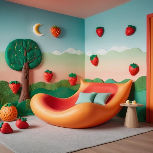 kids room,children's bedroom,children's room,fruit tree,nursery decoration,baby room,3d fantasy,3d background,peach tree,worm apple,watermelon painting,apple world,candyland,apple tree,3d mockup,background design,3d render,sleeping room,kidspace,wall decoration,Photography,General,Realistic
