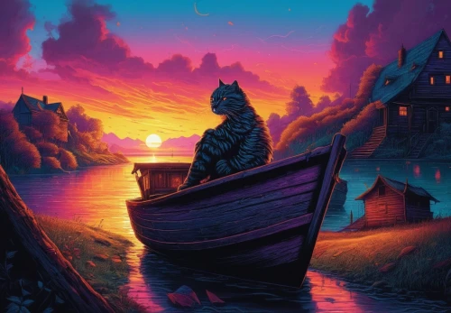 boat landscape,fantasy picture,dusk background,purple landscape,dusk,guybrush,fantasy landscape,world digital painting,shipwreck,landscape background,an island far away landscape,fishing village,evening lake,night scene,kinkade,boat,old wooden boat at sunrise,beautiful wallpaper,viking ship,fantasy art,Illustration,Realistic Fantasy,Realistic Fantasy 25