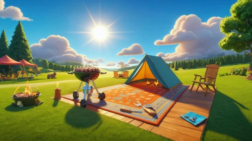 tearaway,cartoon video game background,thatgamecompany,idyllic,3d fantasy,picnic,lowpoly,3d background,sylvania,dream world,3d render,camping,autumn camper,picnicking,home landscape,encampment,imaginationland,virtual landscape,low poly,world digital painting