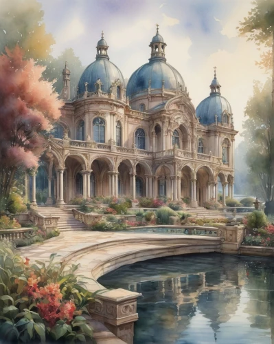 water palace,fairy tale castle,fairytale castle,violet evergarden,house of the sea,driehaus,golden pavilion,victoriana,fantasy landscape,palace,marble palace,chhatris,beautiful buildings,arcadia,the golden pavilion,secret garden of venus,conservatory,mikimoto,palaces,victorian,Conceptual Art,Daily,Daily 05