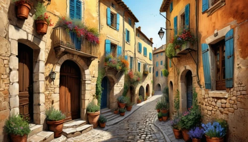provence,medieval street,provencal,quirico,grasse,narrow street,italian painter,borghi,tuscan,luberon,south france,toscane,dubrovnic,romanies,toscana,cortona,the cobbled streets,world digital painting,townscapes,villefranche,Conceptual Art,Oil color,Oil Color 22