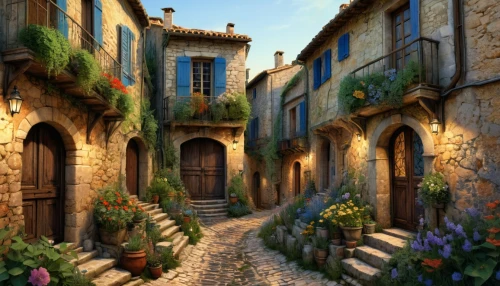 provence,provencal,medieval street,provencal life,south france,luberon,narrow street,french digital background,toscane,grasse,medieval town,tuscan,townscapes,quirico,martre,toscana,montbrun,france,grimaud,romanies,Illustration,Realistic Fantasy,Realistic Fantasy 03