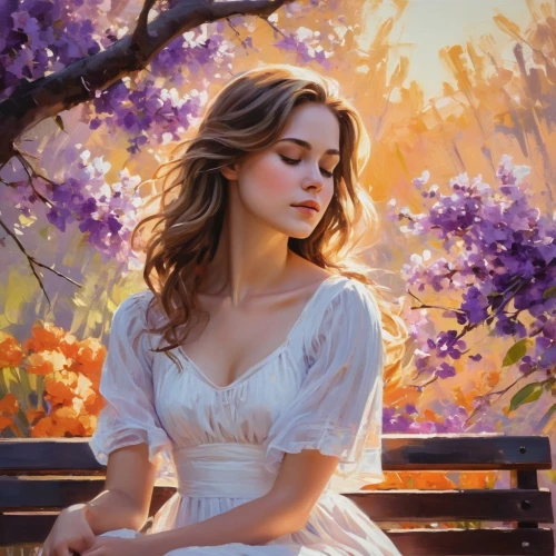 romantic portrait,golden lilac,girl in the garden,lilacs,la violetta,girl in flowers,lilac blossom,lilac tree,springtime background,donsky,relaxed young girl,violetta,fantasy portrait,oil painting,beautiful girl with flowers,romantic look,serene,white lilac,common lilac,world digital painting,Conceptual Art,Oil color,Oil Color 10