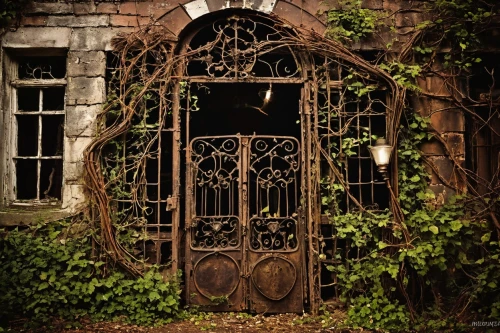 garden door,old door,creepy doorway,witch house,witch's house,front door,old window,wrought iron,art nouveau frame,iron door,old windows,window with grille,doorway,art nouveau frames,doorways,old victorian,iron gate,the threshold of the house,ironwork,house entrance,Illustration,Realistic Fantasy,Realistic Fantasy 13